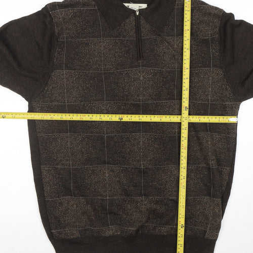 Pronto-Uomo Men's Brown L 1/4 Zip Collared Check Wool Blend Jumper