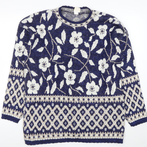 Holiday Time Womens Blue Floral Knit L Jumper Winter Pullover