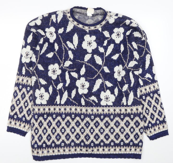 Holiday Time Womens Blue Floral Knit L Jumper Winter Pullover