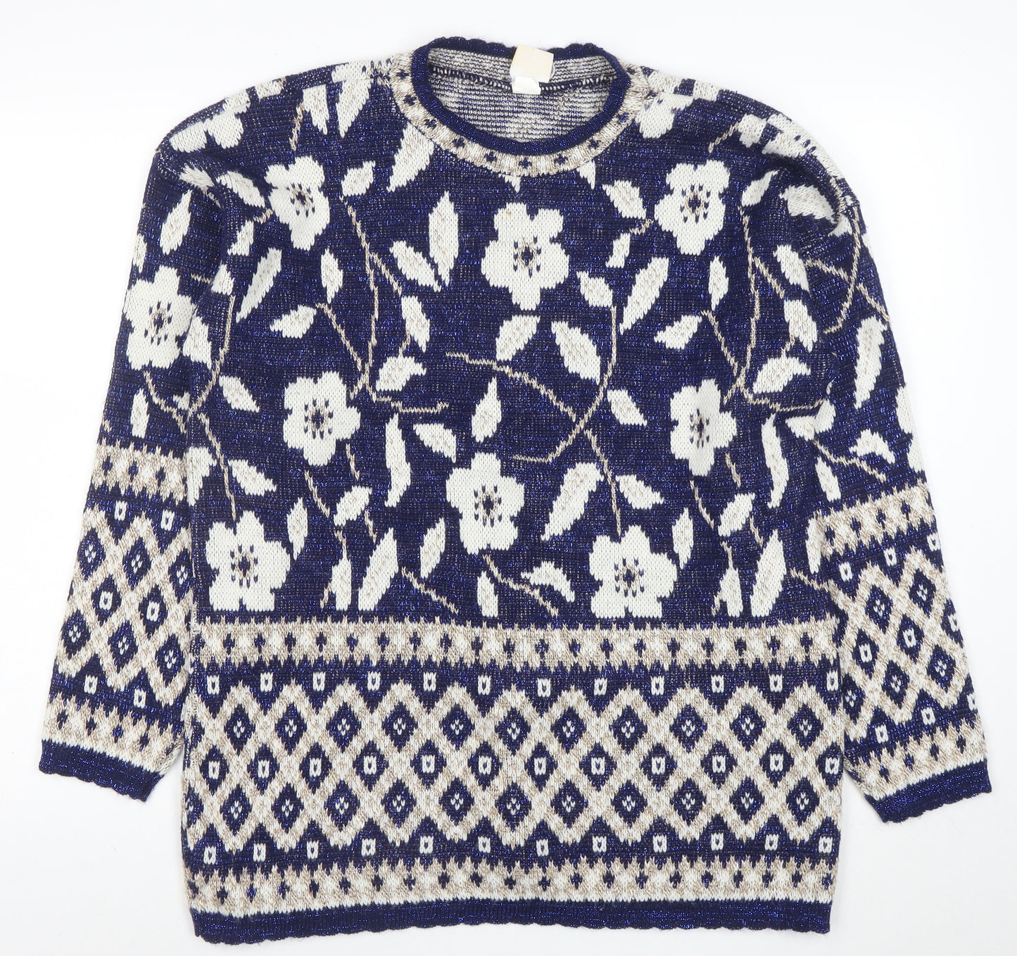 Holiday Time Womens Blue Floral Knit L Jumper Winter Pullover