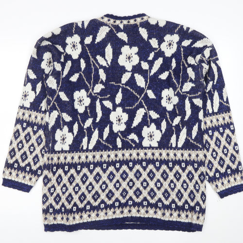 Holiday Time Womens Blue Floral Knit L Jumper Winter Pullover