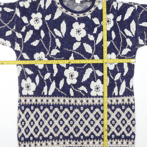 Holiday Time Womens Blue Floral Knit L Jumper Winter Pullover