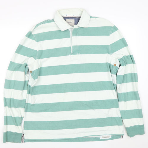 White Stuff Men's Green Striped Long Sleeve Polo Shirt Size L
