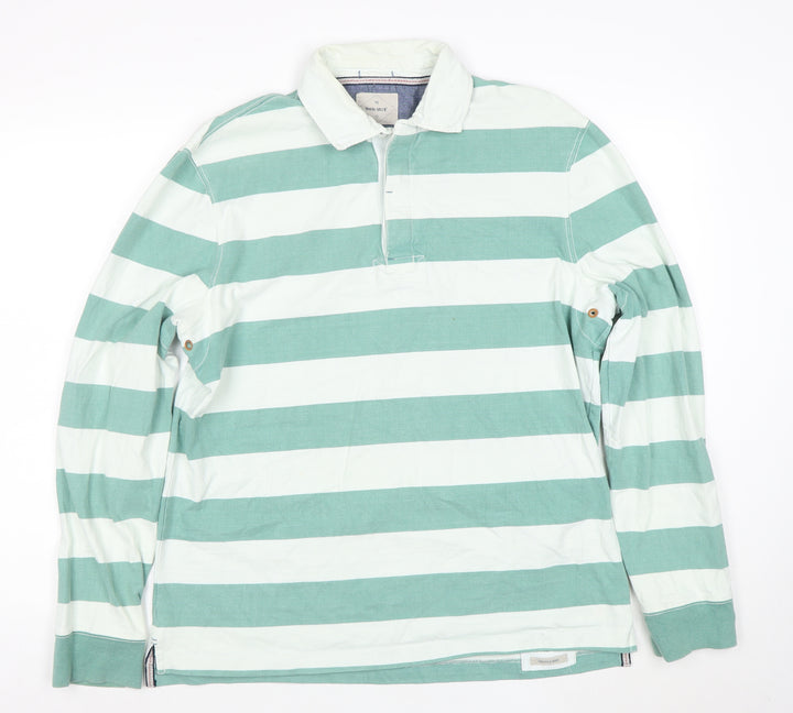 White Stuff Men's Green Striped Long Sleeve Polo Shirt Size L