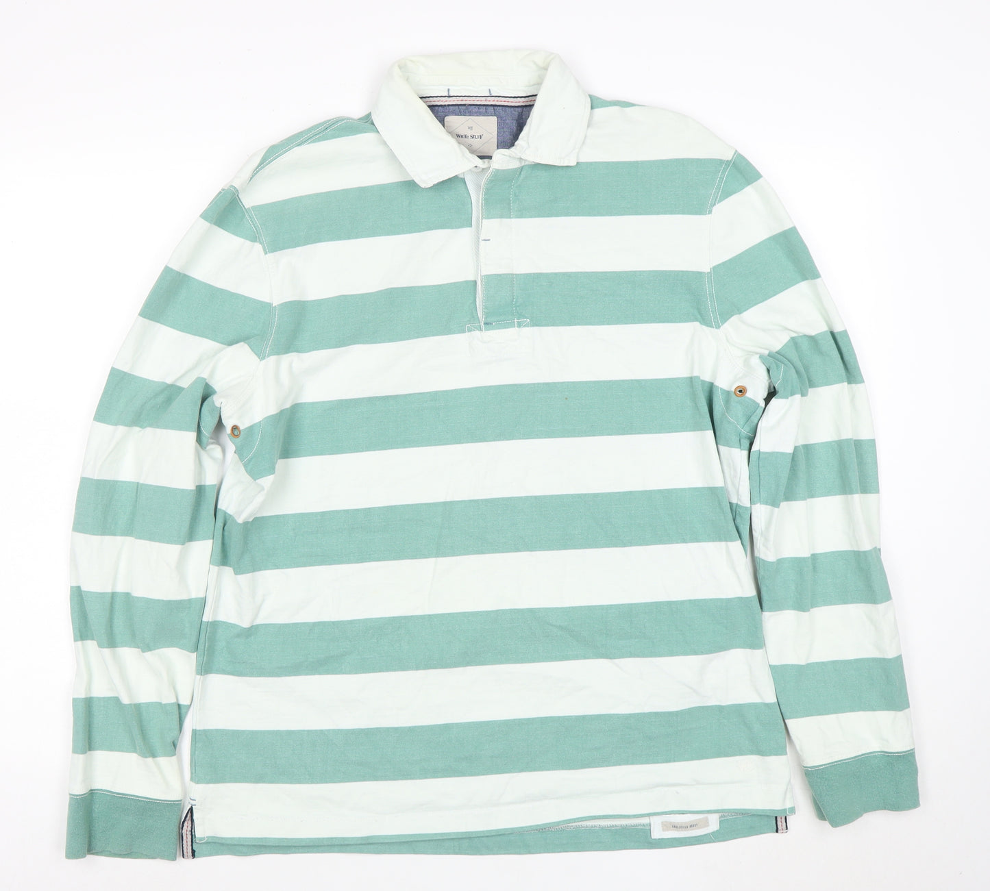 White Stuff Men's Green Striped Long Sleeve Polo Shirt Size L