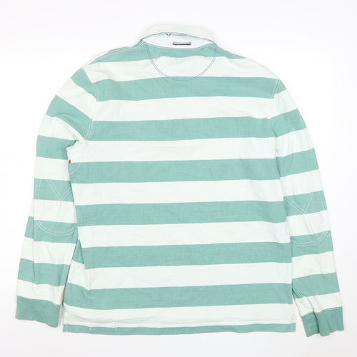 White Stuff Men's Green Striped Long Sleeve Polo Shirt Size L