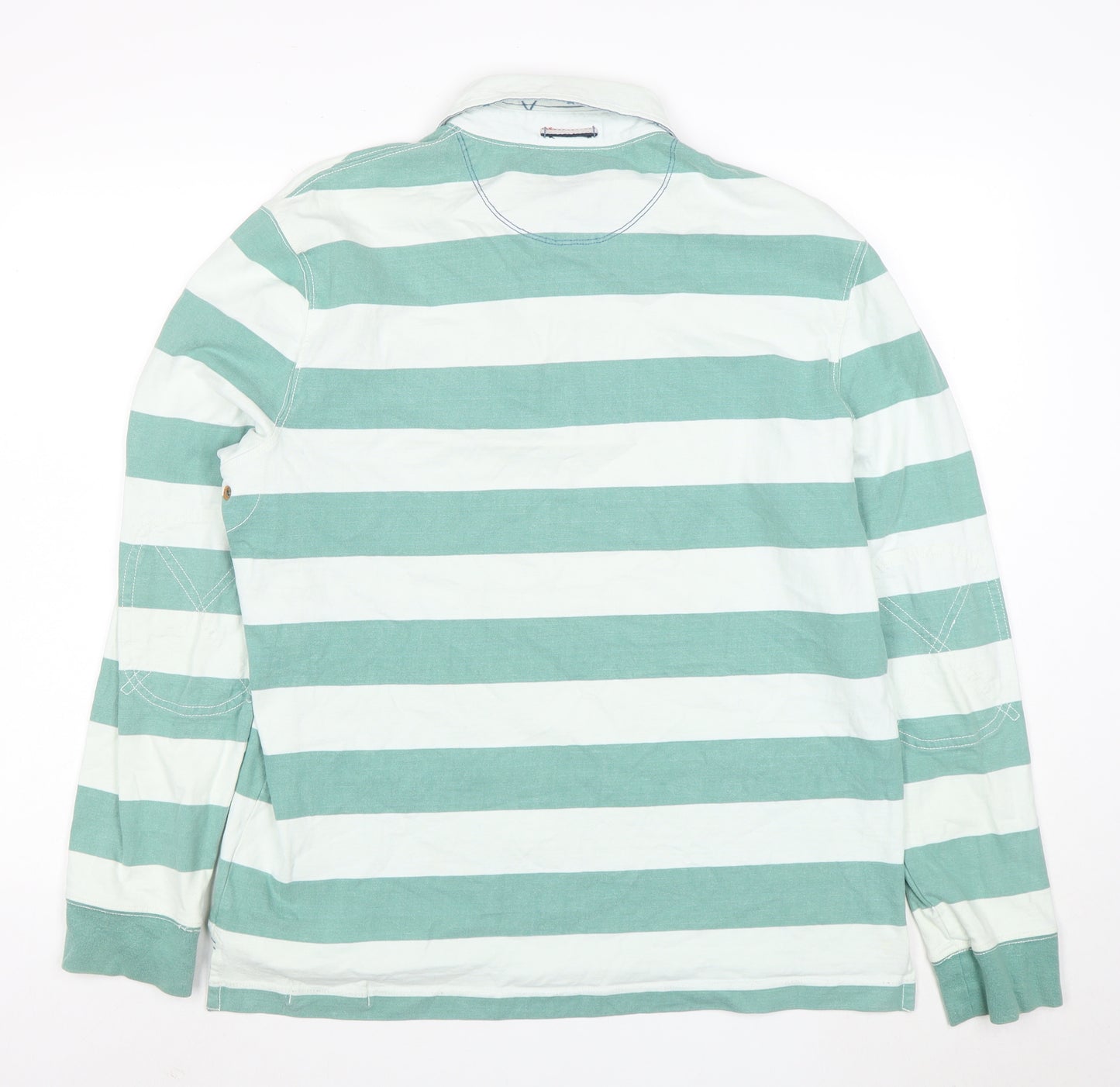 White Stuff Men's Green Striped Long Sleeve Polo Shirt Size L
