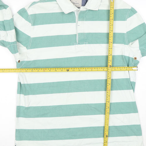 White Stuff Men's Green Striped Long Sleeve Polo Shirt Size L