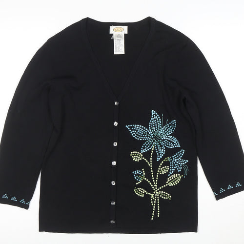 Talbots Women's Black Floral V-Neck Cardigan M 3/4 Sleeve Knit