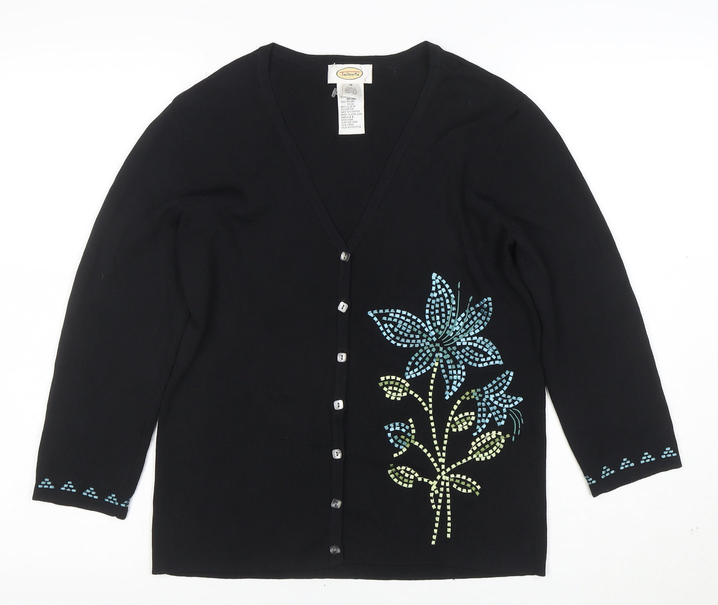 Talbots Women's Black Floral V-Neck Cardigan M 3/4 Sleeve Knit