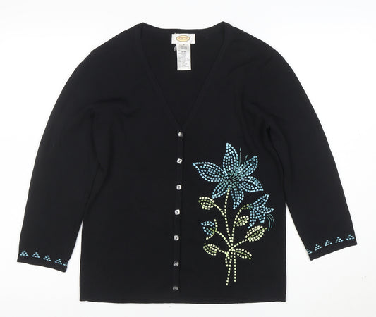 Talbots Women's Black Floral V-Neck Cardigan M 3/4 Sleeve Knit