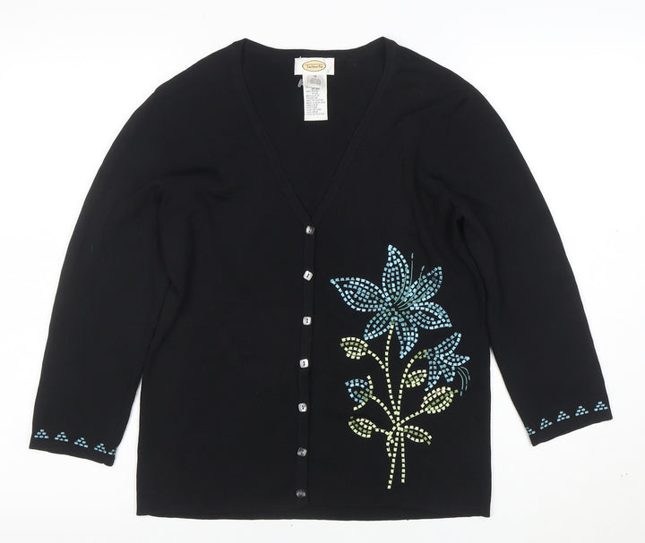 Talbots Women's Black Floral V-Neck Cardigan M 3/4 Sleeve Knit
