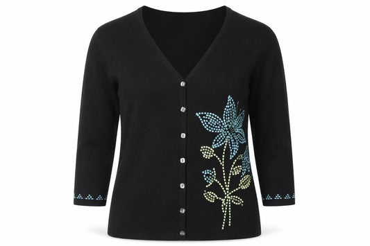 Front view of Talbots Women's Black Floral V-Neck Cardigan M 3/4 Sleeve Knit