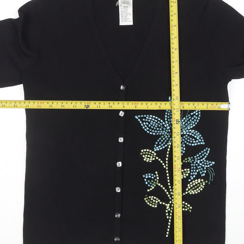 Talbots Women's Black Floral V-Neck Cardigan M 3/4 Sleeve Knit
