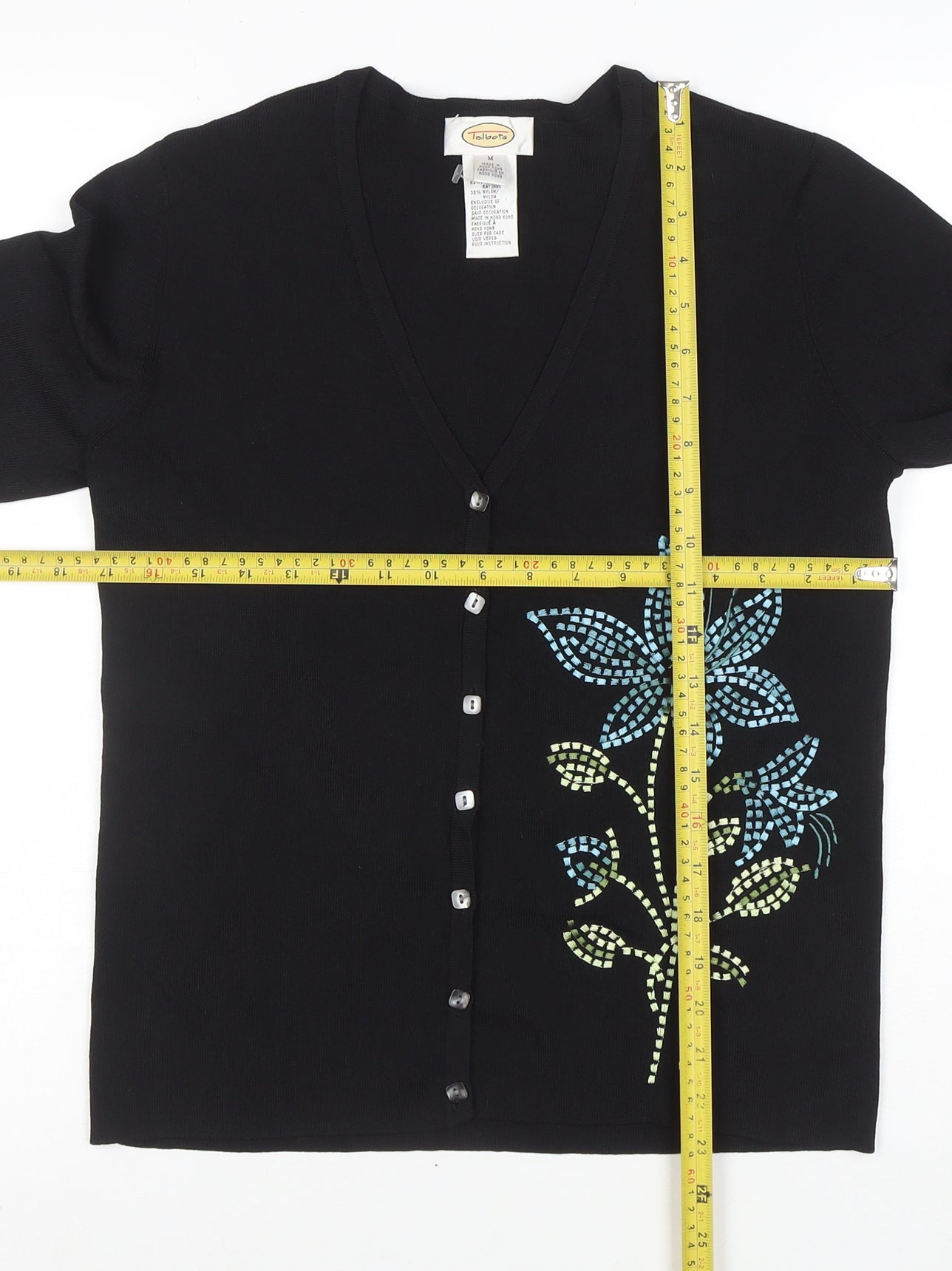 Talbots Women's Black Floral V-Neck Cardigan M 3/4 Sleeve Knit