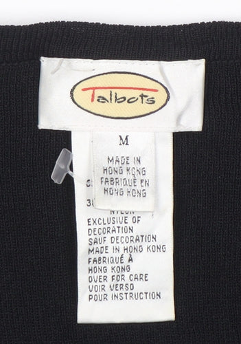 Talbots Women's Black Floral V-Neck Cardigan M 3/4 Sleeve Knit