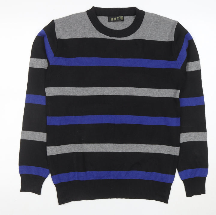 HOT Men's Black Grey Blue Striped Crew Neck Wool Blend Jumper L