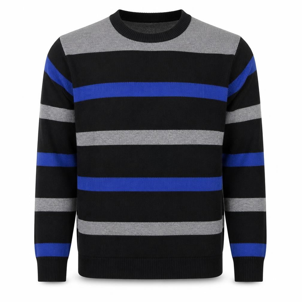 Front view of HOT Men's Black Grey Blue Striped Crew Neck Wool Blend Jumper L