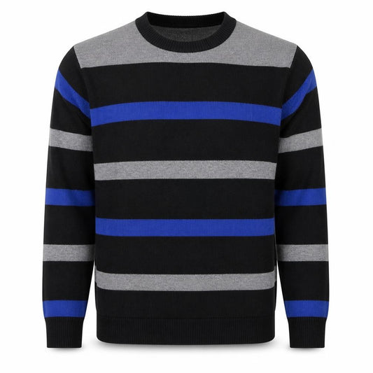 Front view of HOT Men's Black Grey Blue Striped Crew Neck Wool Blend Jumper L