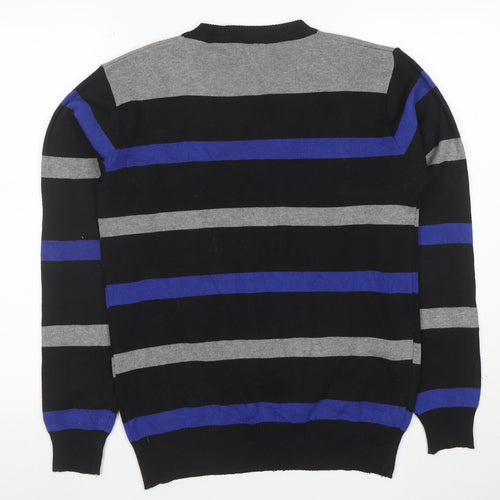 HOT Men's Black Grey Blue Striped Crew Neck Wool Blend Jumper L