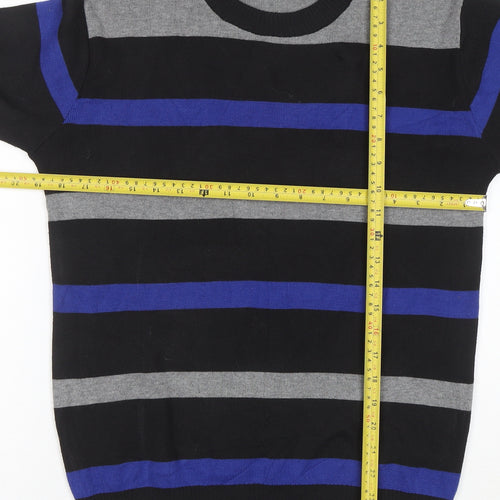 HOT Men's Black Grey Blue Striped Crew Neck Wool Blend Jumper L