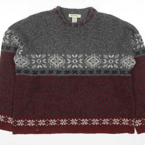 Eddie Bauer Womens Grey Red Fair Isle Wool Jumper Size L Winter Knit