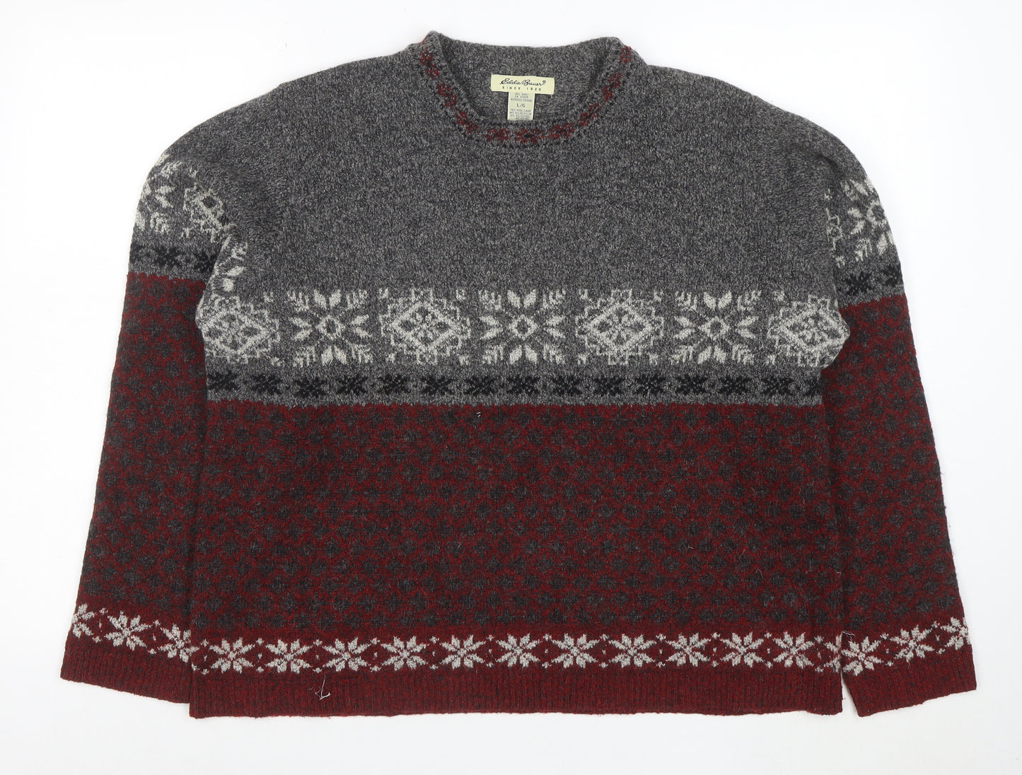 Eddie Bauer Womens Grey Red Fair Isle Wool Jumper Size L Winter Knit