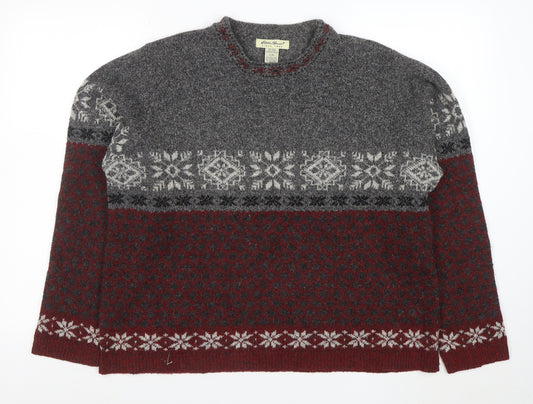 Eddie Bauer Womens Grey Red Fair Isle Wool Jumper Size L Winter Knit
