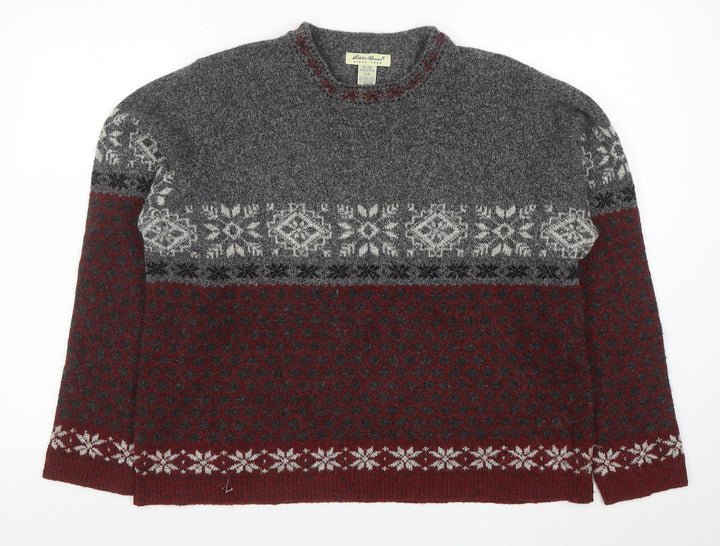 Eddie Bauer Womens Grey Red Fair Isle Wool Jumper Size L Winter Knit