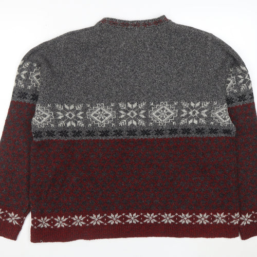Eddie Bauer Womens Grey Red Fair Isle Wool Jumper Size L Winter Knit
