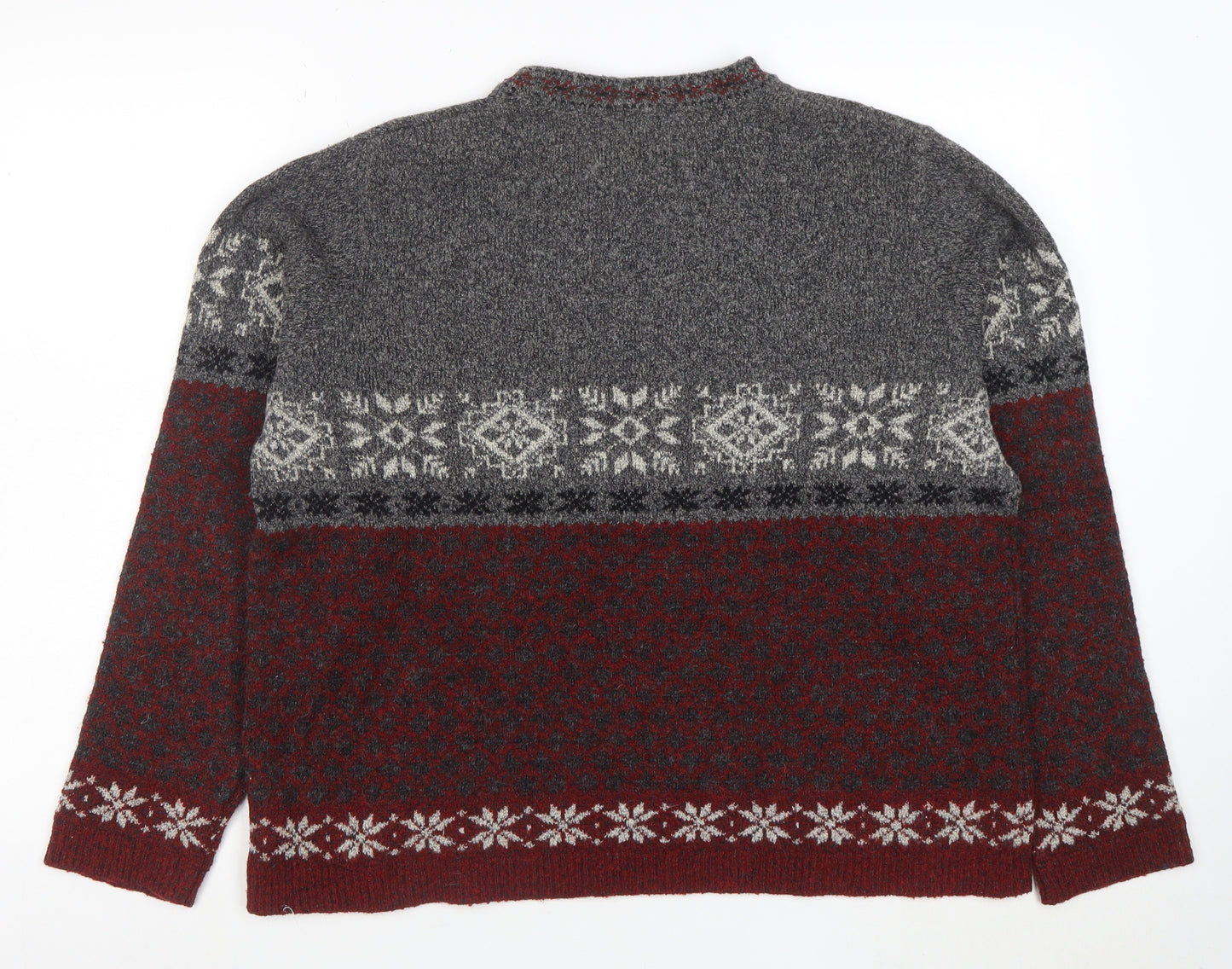 Eddie Bauer Womens Grey Red Fair Isle Wool Jumper Size L Winter Knit