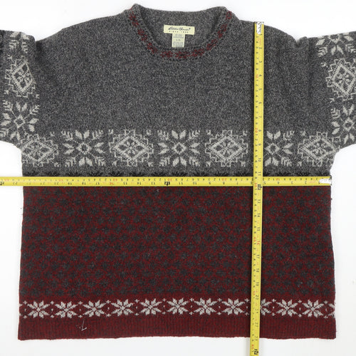 Eddie Bauer Womens Grey Red Fair Isle Wool Jumper Size L Winter Knit