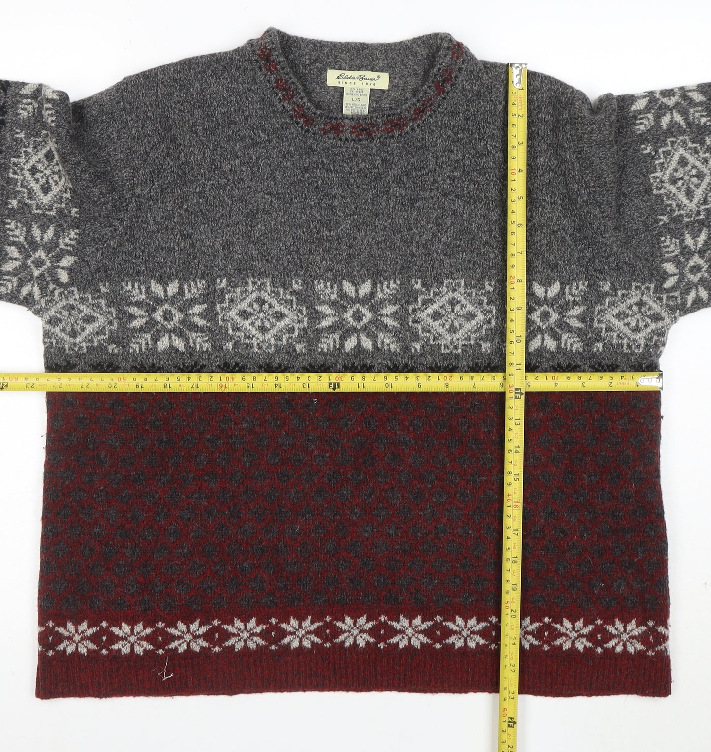 Eddie Bauer Womens Grey Red Fair Isle Wool Jumper Size L Winter Knit