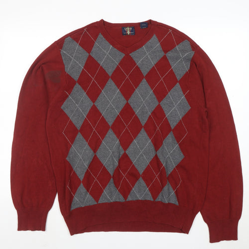 Arrow Men's Red Argyle Cotton V-Neck Jumper Size M