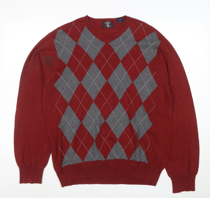 Arrow Men's Red Argyle Cotton V-Neck Jumper Size M