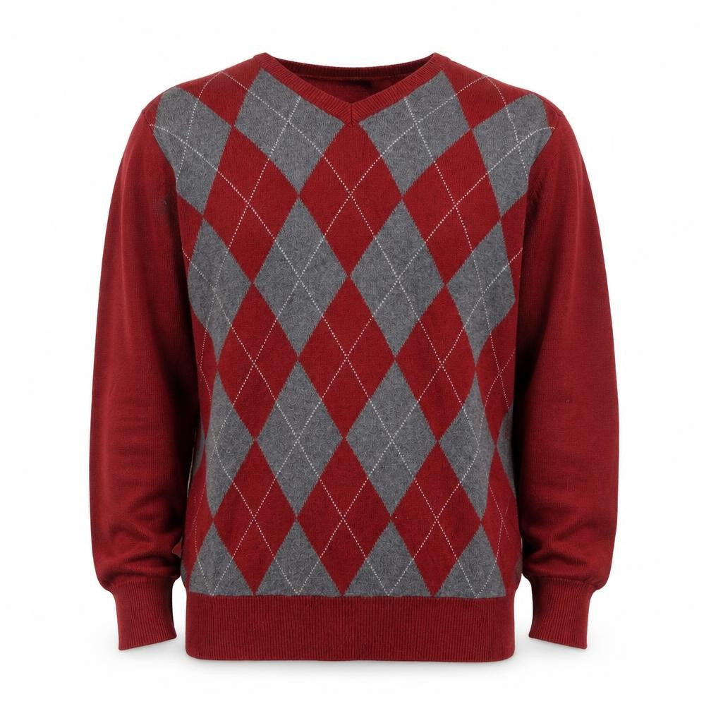 Front view of Arrow Men's Red Argyle Cotton V-Neck Jumper, size M