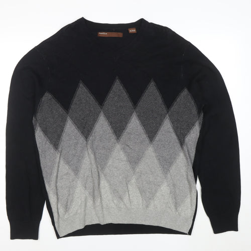 Perry Ellis Men's Black & Grey Argyle Cotton Blend V-Neck Jumper L