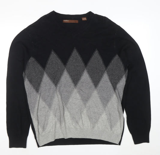 Perry Ellis Men's Black & Grey Argyle Cotton Blend V-Neck Jumper L
