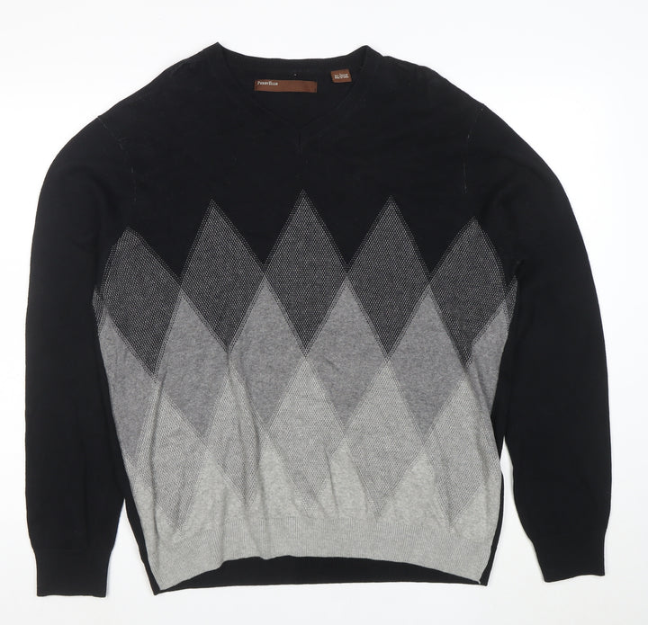 Perry Ellis Men's Black & Grey Argyle Cotton Blend V-Neck Jumper L