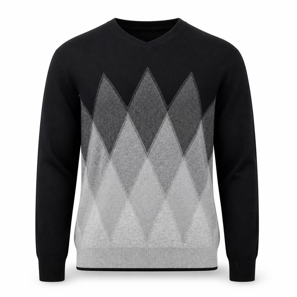 Front view of Perry Ellis Men's Black & Grey Argyle Cotton Blend V-Neck Jumper L