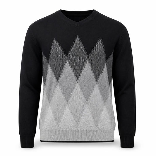 Front view of Perry Ellis Men's Black & Grey Argyle Cotton Blend V-Neck Jumper L