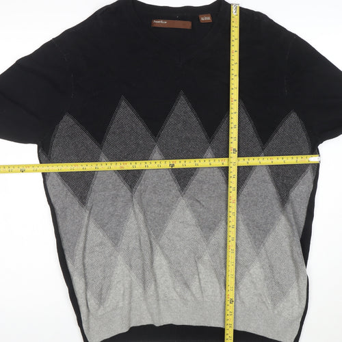 Perry Ellis Men's Black & Grey Argyle Cotton Blend V-Neck Jumper L