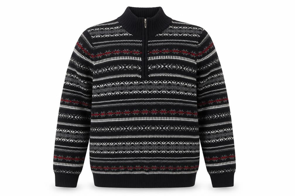 Croftersbarrow Men's Black XL Fair Isle 1/2 Zip Jumper