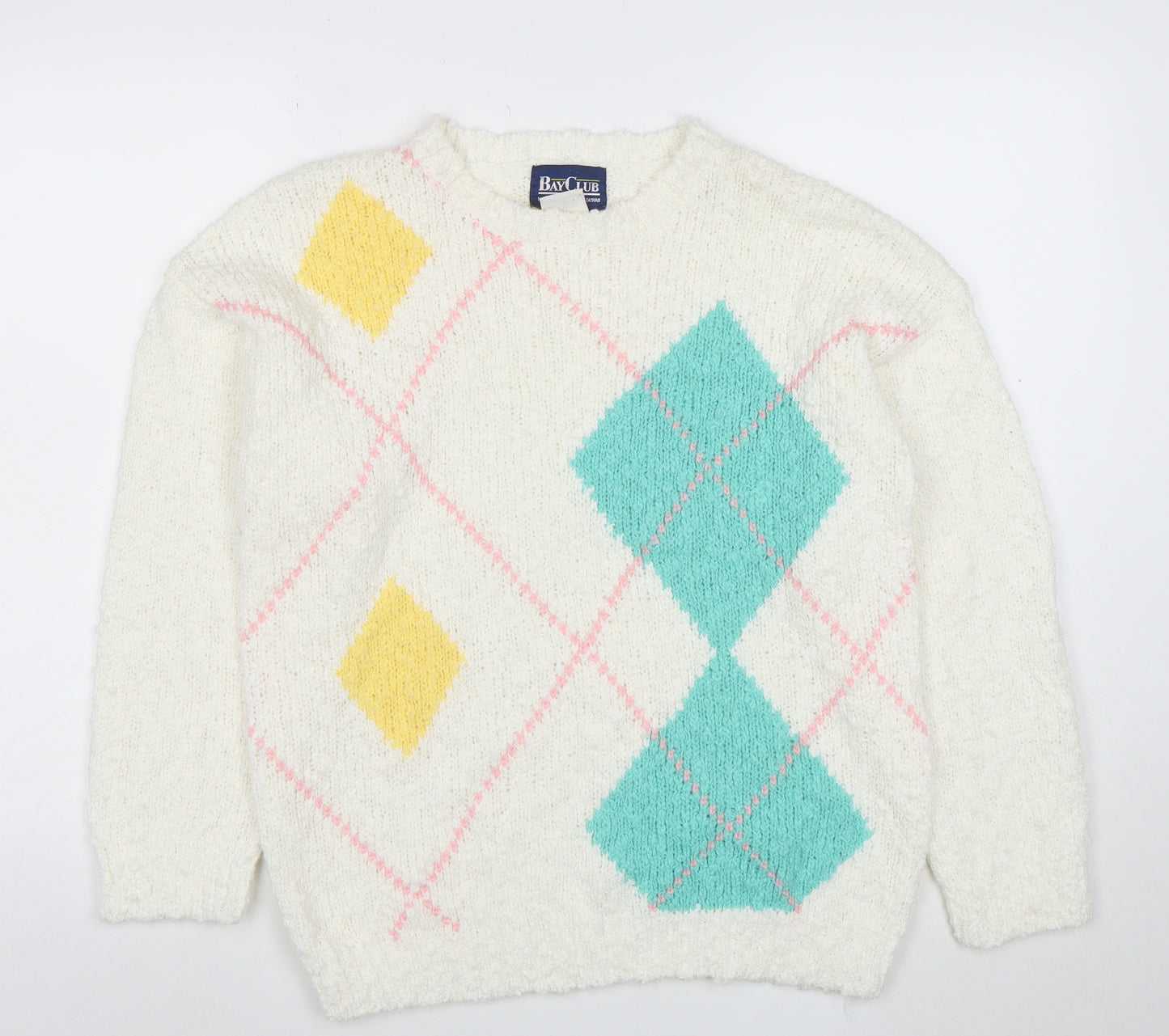 Bay Club Men's Ivory Argyle Chunky Knit Pullover Sweater M