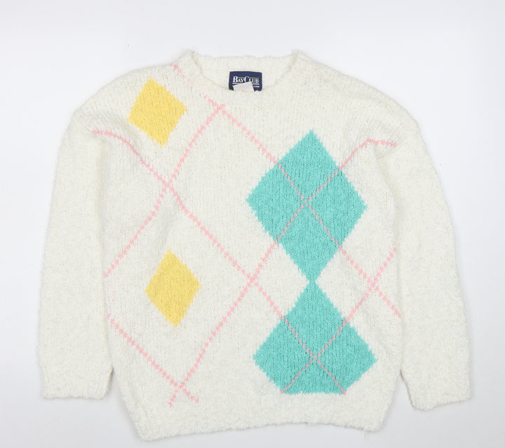 Bay Club Men's Ivory Argyle Chunky Knit Pullover Sweater M