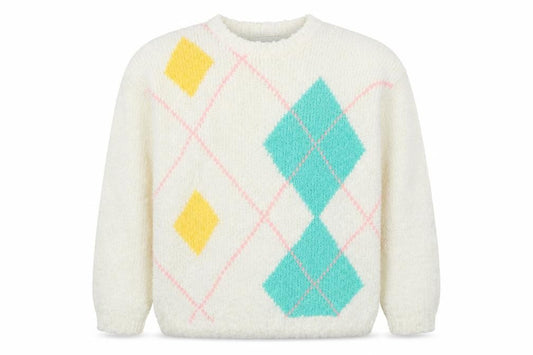 Front view of Bay Men's Ivory Argyle Chunky Knit Pullover Sweater M