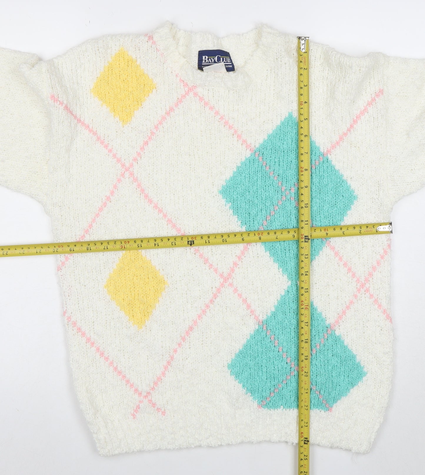 Bay Club Men's Ivory Argyle Chunky Knit Pullover Sweater M