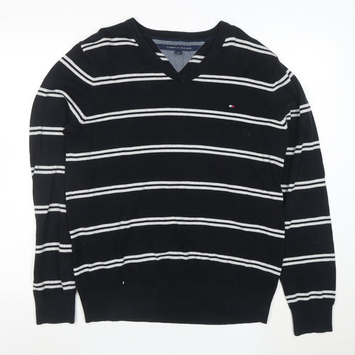 Tommy Hilfiger Men's Black V-Neck Striped Cotton Pullover Jumper L