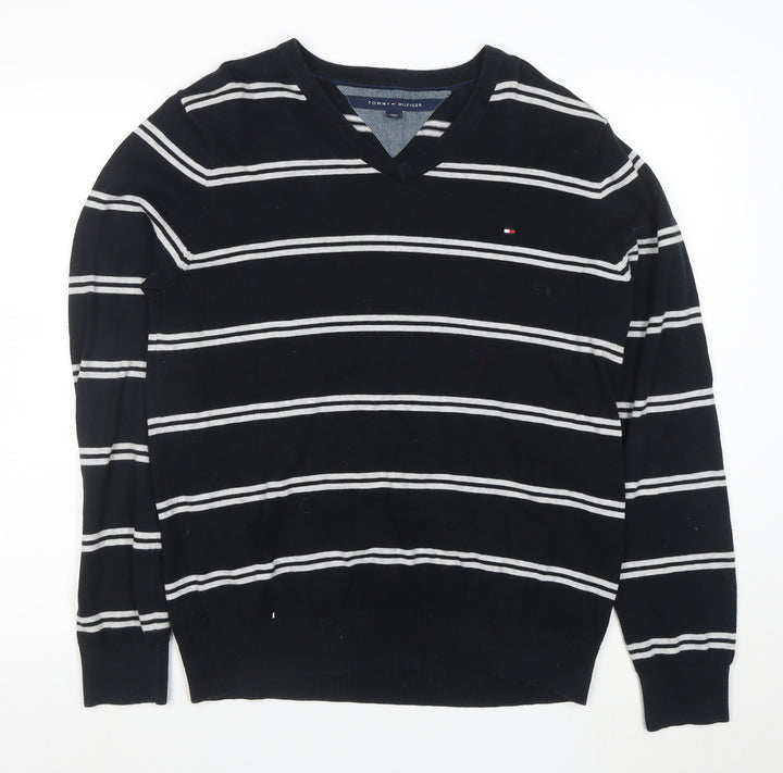Tommy Hilfiger Men's Black V-Neck Striped Cotton Pullover Jumper L