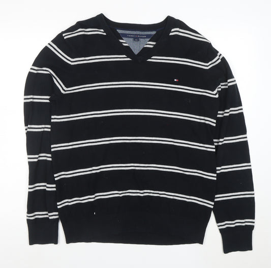 Tommy Hilfiger Men's Black V-Neck Striped Cotton Pullover Jumper L